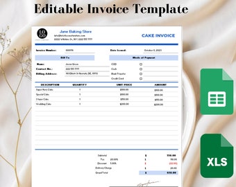 Modelo de fatura de padaria em Excel e Planilhas Google, modelo de fatura editável para pequenas empresas, planilha de fatura comercial