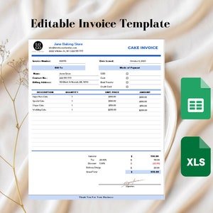 Bakery Invoice Template in Excel and Google Sheets, Editable Invoice Template for Small Business, Business Invoice Spreadsheet