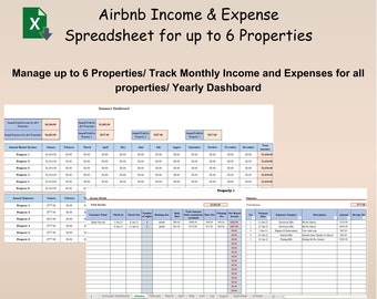 Hoja de cálculo de ingresos y gastos de Airbnb para 6 propiedades, rastreador de ingresos y gastos de alquiler, Excel de propiedades de alquiler, hoja de gestión de propiedades