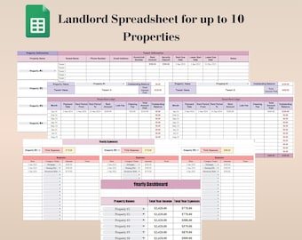 Immobilientabelle für Vermieter in Google Sheets für bis zu 10 Immobilien, Tabelle zur Immobilienverwaltung, Mietbuch in Google Sheets