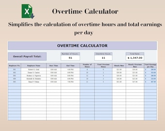 Puede incluir: Una hoja de cálculo azul y blanca con el título "Overtime Calculator" y el texto "Simplifies the calculation of overtime hours and total earnings per day". La hoja de cálculo incluye columnas para el número de empleado, el nombre del empleado, la hora de inicio, la hora de finalización, el número de horas, el número total de horas extras, la tarifa por hora, la tarifa por hora de horas extras y las ganancias totales por día.