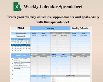 週間カレンダー スプレッドシート、週間プランナー Excel、毎日のタスク スケジュール、ToDo リスト Excel、年間カレンダー テンプレート