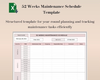 Vorlage für einen 52-wöchigen Wartungsplan, Wartungs-Tracker, Wartungsprotokoll in Excel, Wartungsplan-Tabelle