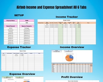 Op de afbeelding: Een digitale spreadsheet met de titel "Airbnb Income and Expense Spreadsheet All 6 Tabs" met secties voor instelling, inkomsten volgen, uitgaven volgen en overzichten. Bevat grafieken en tabellen voor financiële data-analyse.