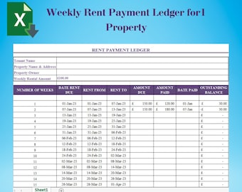 Weekly Rent Payment Ledger, Weekly Rent Payment Tracker, Rental Property Spreadsheet, Landlord Rent Tracker, Tenant Ledger