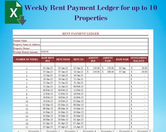 Weekly Rent Payment Ledger for 10 Properties USD, Rental Property Spreadsheet, Landlord Spreadsheet, Rental Track