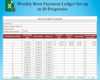 May include: A weekly rent payment ledger spreadsheet for up to 10 properties. The spreadsheet includes columns for the number of weeks, date rent due, rent from, rent to, amount due, amount paid, date paid, and outstanding balance. The spreadsheet is in Euros.