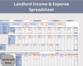 Landlord Income and Expense Spreadsheet, Property Management Spreadsheet for up to 6 Properties, Bookkeeping Spreadsheet
