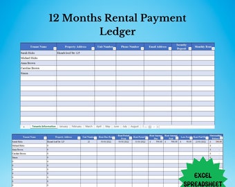 12 maanden huurbetalingsgrootboek, huurbetalingstracker met late vergoeding, huurderhuurgrootboek, spreadsheet voor huurwoningen, verhuurderhuurtracker