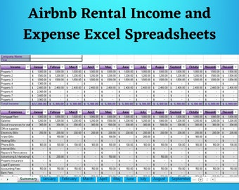 Op de afbeelding: Een spreadsheet-sjabloon voor het bijhouden van Airbnb-huuropbrengsten en -kosten. De spreadsheet is verdeeld in kolommen voor elke maand van het jaar en rijen voor verschillende inkomsten- en kostencategorieën. De spreadsheet is gelabeld met "Airbnb Rental Income and Expense Excel Spreadsheets" en "Works with Excel".