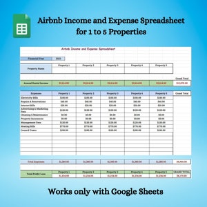 May include: A spreadsheet template for calculating Airbnb income and expenses for 1 to 5 properties. The spreadsheet includes sections for annual rental income, expenses, and total profit or loss. The spreadsheet is designed to be used with Google Sheets.
