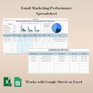 May include: A spreadsheet with a blue and white pie chart showing email marketing conversion rates. The spreadsheet includes a summary of email marketing performance for January, including total emails sent, unique opens, click-through rate, conversion rate, revenue generated, number of conversions, number of clicks, and unique opens. The spreadsheet also includes a table of campaign details, including campaign ID, email campaign name, description, start date, and end date. The spreadsheet is titled "Email Marketing Performance Spreadsheet".