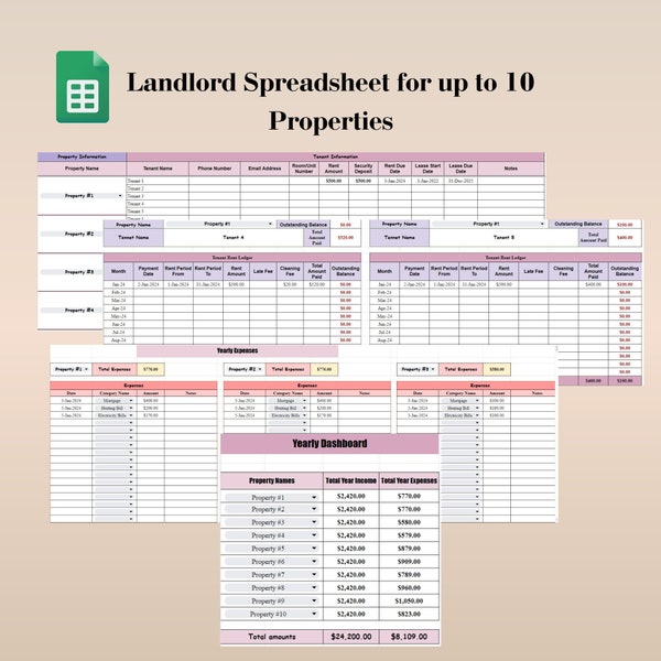 Landlord Property Spreadsheet in Google Sheets for up to 10 Properties, Property Management Spreadsheet, Rent Ledger in Google Sheets