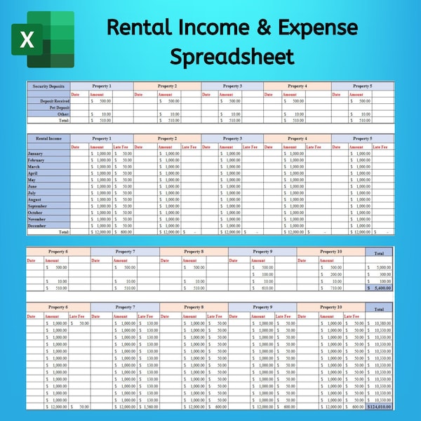 Rental Property Spreadsheet for up to 10 Properties, Rental Income & Expense Spreadsheet, Property Management Tool, Landlord Spreadsheet