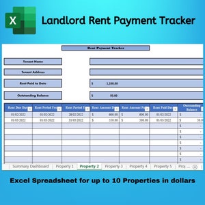 May include: A spreadsheet template for tracking rent payments for up to 10 properties. The spreadsheet includes columns for tenant name, address, rent due date, rent period, rent amount due, rent amount paid, rent paid date, and outstanding balance. The spreadsheet is titled "Landlord Rent Payment Tracker".