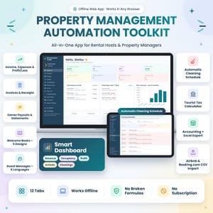 Op de afbeelding: Een digitaal Property Management Automation Toolkit dashboard op een computermonitor en tablet. De interface bevat secties voor inkomsten, uitgaven, schoonmaakroosters en gastberichten, met tekstlabels voor beheerhulpmiddelen voor verhuurders.