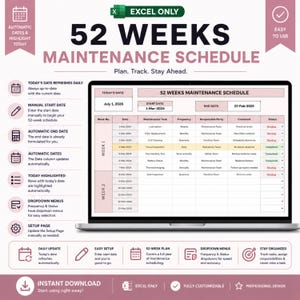 52 Weeks Maintenance Schedule Template, Maintenance Tracker, Maintenance Log Excel, Maintenance Schedule Spreadsheet
