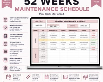 52 Wochen Wartungszeitplan-Vorlage, Wartungs-Tracker, Wartungslogbuch, Wartungszeitplan-Arbeitsblatt