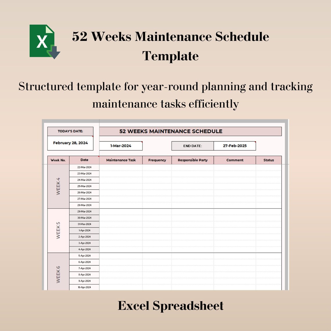 52 Weeks Maintenance Schedule Template, Maintenance Tracker