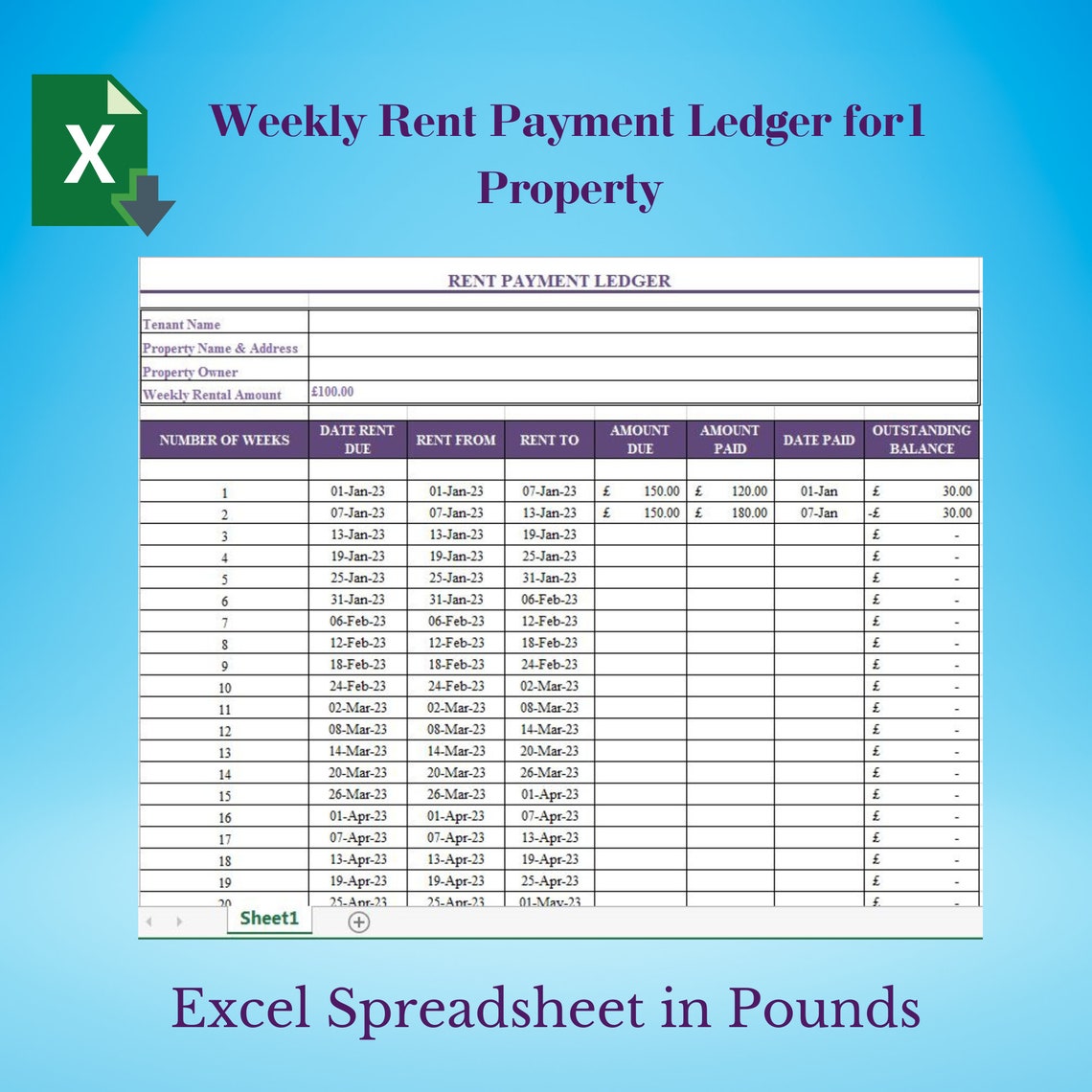 Weekly Rental Payment Ledger Landlord Spreadsheet Rent Etsy