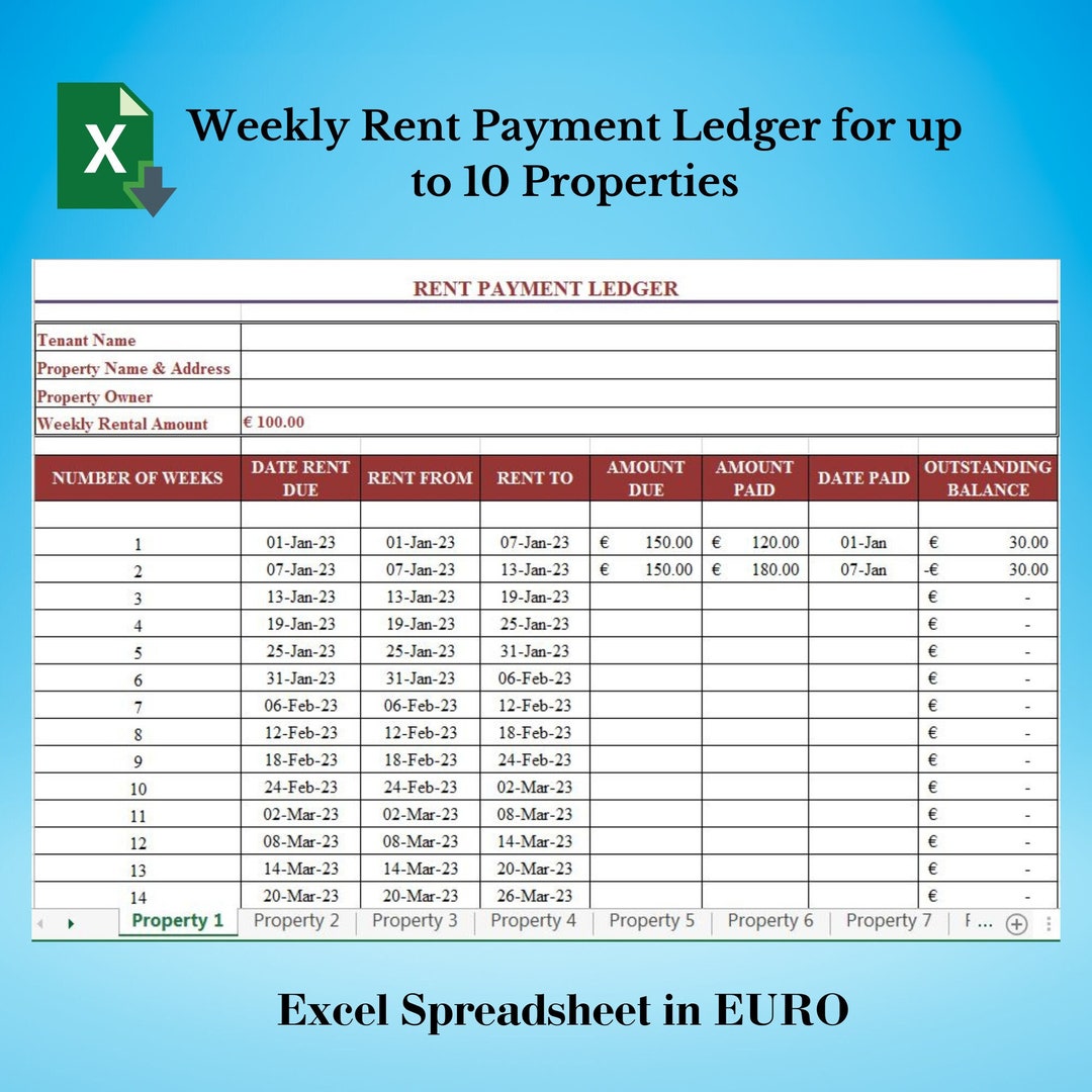 Weekly Rent Ledger for 10 Properties in EUR, Landlord Rent Ledger, Rent ...