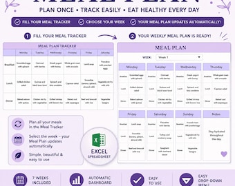 Plantilla de hoja de cálculo para planificación de comidas, Plan de comidas semanal en Excel, Hoja de cálculo para seguimiento de comidas, Calendario de planificación de comidas, Planificador de comidas diario