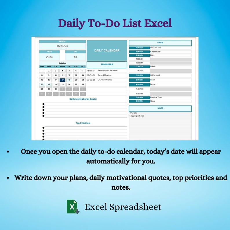 Daily To-do List Excel, Daily Planner Spreadsheet, Daily Calendar ...