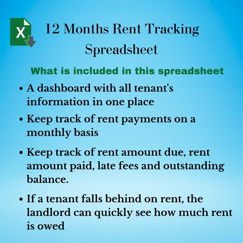 12 Months Rent Payment Ledger, Landlord Property Spreadsheet, Rental Ledger in Dollars, Rental