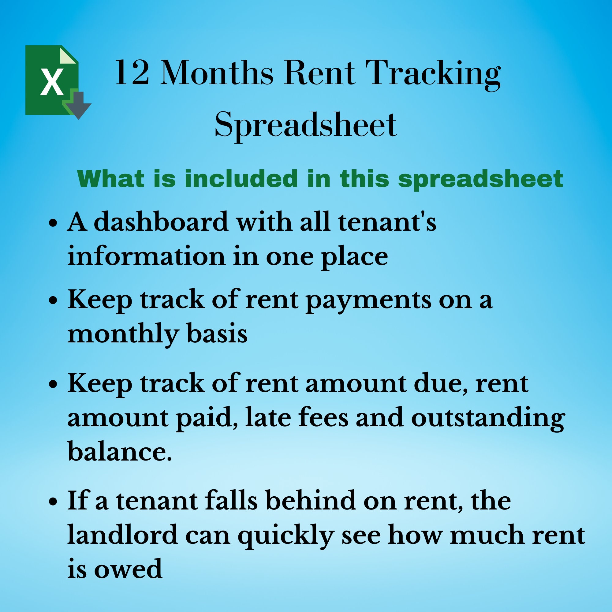 12 Months Rent Payment Ledger, Rental Property Spreadsheet, Landlord ...