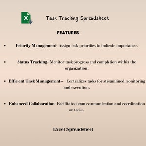 K&ouml;nnte beinhalten: Ein Screenshot eines Dokuments, das die Funktionen einer Aufgabenverfolgungs-Tabelle beschreibt. Die Funktionen umfassen Priorit&auml;tsmanagement, Statusverfolgung, effizientes Aufgabenmanagement und verbesserte Zusammenarbeit. Das Dokument tr&auml;gt den Titel "Aufgabenverfolgungs-Tabelle" und ist als Excel-Tabelle gekennzeichnet.