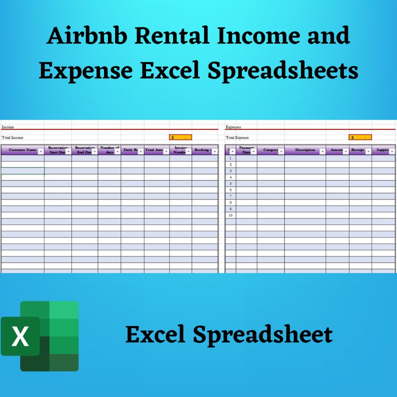 Airbnb Rental & Expense Spreadsheet USD, Rental and