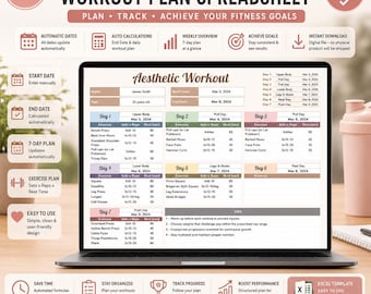 Hoja de cálculo de entrenamiento estético, planificador de entrenamiento en Excel, hoja de cálculo de seguimiento de actividad física, calendario de entrenamiento, planificador de actividad física