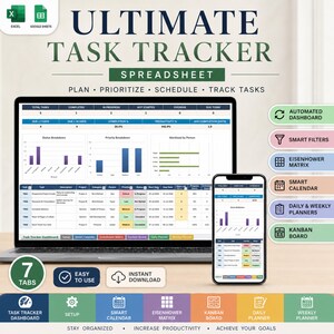 Feuille de calcul ultime pour le suivi des tâches, Feuille de calcul Google Sheets pour le suivi des tâches, Liste de tâches Excel, Feuille de calcul de gestion de projet, Feuille de planification de la productivité