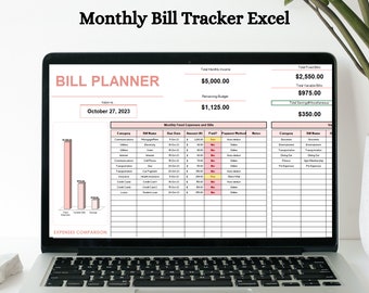 Monthly Bill Tracker Excel, Bill Tracker Spreadsheet, Monthly Bill Payment Log, 12 Months Bill Planner Excel