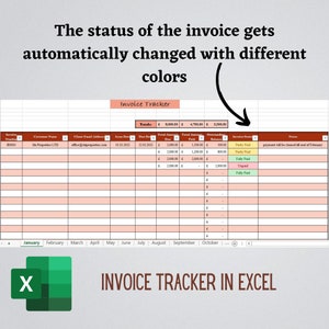 May include: An Excel invoice tracker spreadsheet featuring columns for invoice number, customer name, email, dates, and financial totals. The invoice status column uses color-coded cells for partly paid, fully paid, and unpaid status updates.