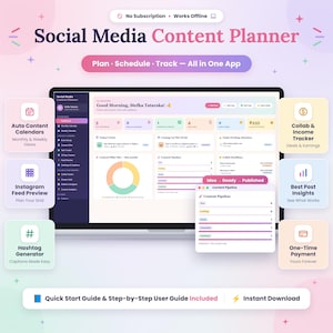 Könnte beinhalten: Eine digitale Social-Media-Content-Planer-App-Oberfläche auf einem Laptop-Bildschirm, mit einem Dashboard für Analysen, Inhaltskalendern, einem Kooperations- und Einkommenstracker, Hashtag-Generator und einem Content-Pipeline-Fenster in Pastellfarben.
