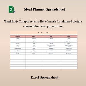 Meal Planner Spreadsheet, Monthly Meal Prep Template, Family Meal