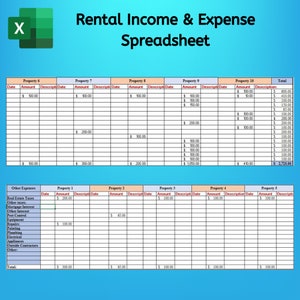 May include: A spreadsheet with a blue background and a title that reads "Rental Income & Expense Spreadsheet". The spreadsheet is divided into columns for each property and rows for different income and expense categories. The spreadsheet includes columns for "Date", "Amount", "Descripti", and "Total".