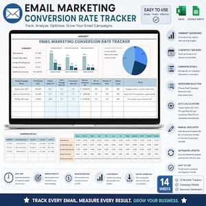 Hoja de cálculo de rendimiento de marketing por correo electrónico, Rastreador de tasa de conversión de marketing por correo electrónico, Plantilla de marketing por correo electrónico en Excel, Rastreador de campañas de correo electrónico