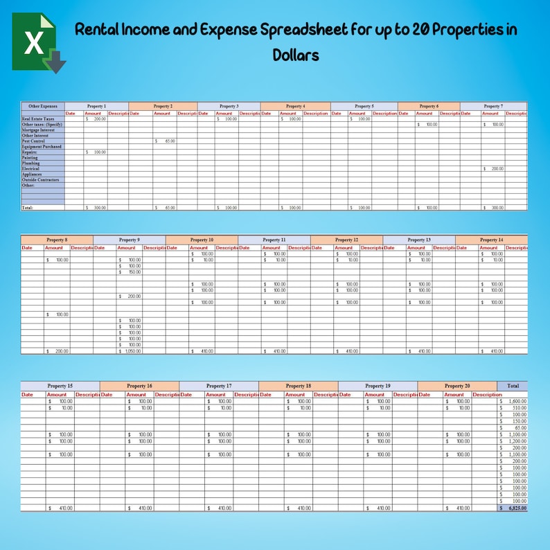 Rental Income and Expense Tracker for 20 Properties, Landlord Property Spreadsheet, Rental Property Spreadsheet, Rental Property Ledger