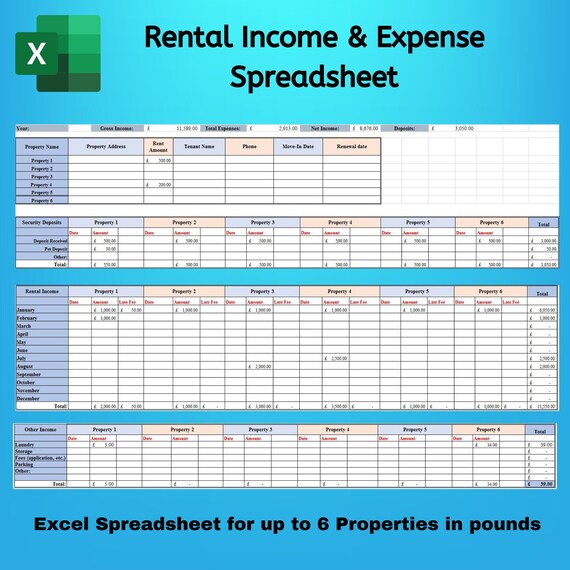 Rental Property Spreadsheet for UP to 6 Properties, Rental Income and Expense Spreadsheet, Landlord Rent Ledger