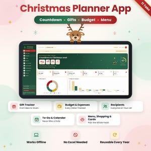 May include: A digital Christmas Planner app interface displayed on a tablet screen, featuring a countdown to Christmas 2026, gift tracking, and budget management tools. The dashboard includes a sidebar with 11 tabs and a reindeer icon.