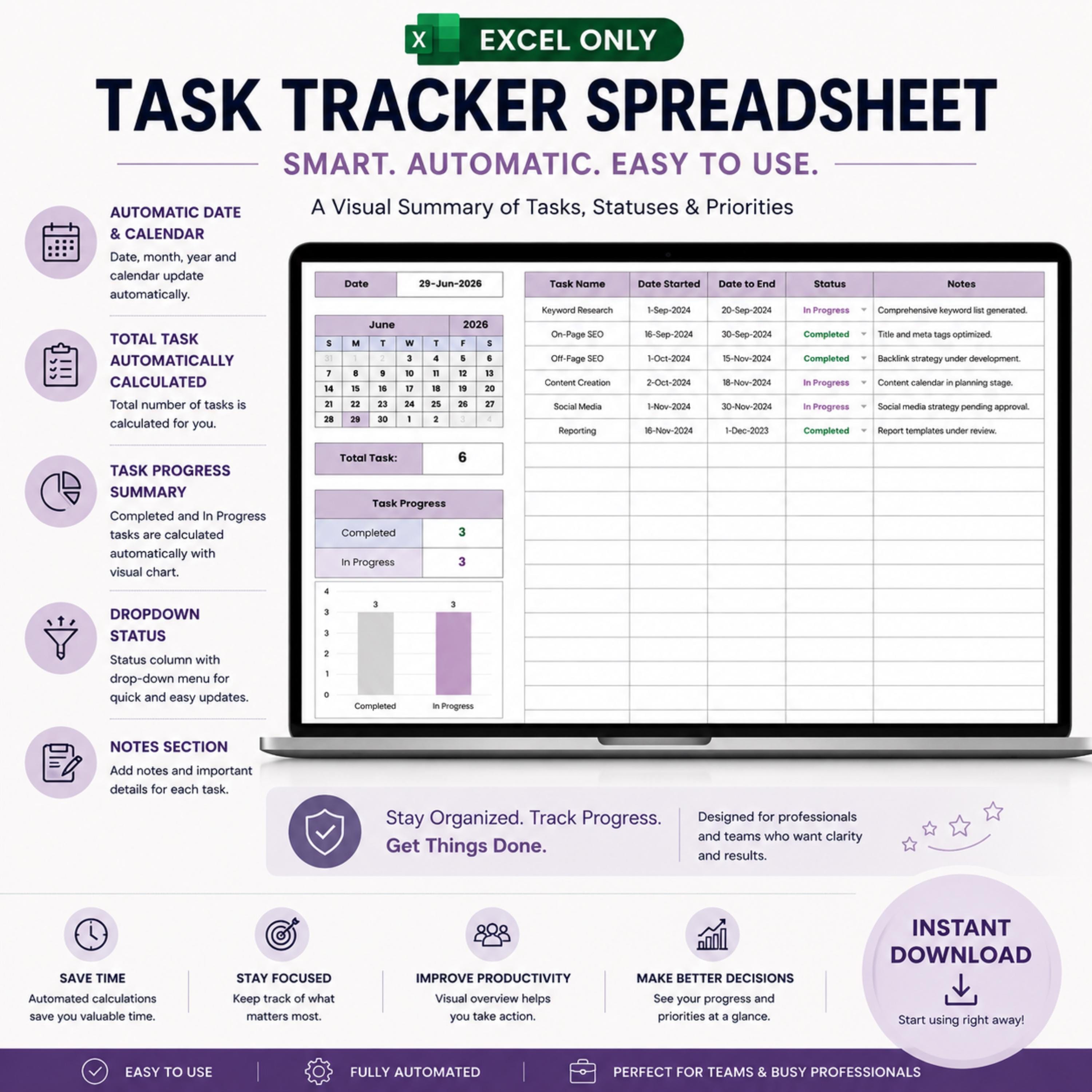 Task Tracker Spreadsheet, Task Management Spreadsheet, Productivity ...