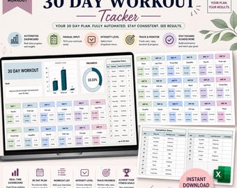 30 Days Workout Planner Spreadsheet, Workout Tracker Excel, Fitness Planner Spreadsheet, Exercise Tracker, Workout Calendar Spreadsheet