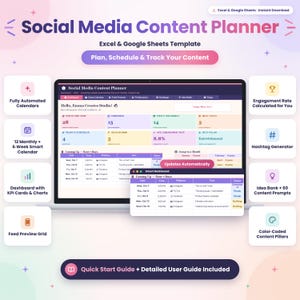 Op de afbeelding: Een digitale social media contentplanner-sjabloon voor Excel en Google Sheets. De interface toont een dashboard met geautomatiseerde kalenders, berekeningen van de betrokkenheidsgraad, een hashtag-generator en kleurgecodeerde contentpijlers.