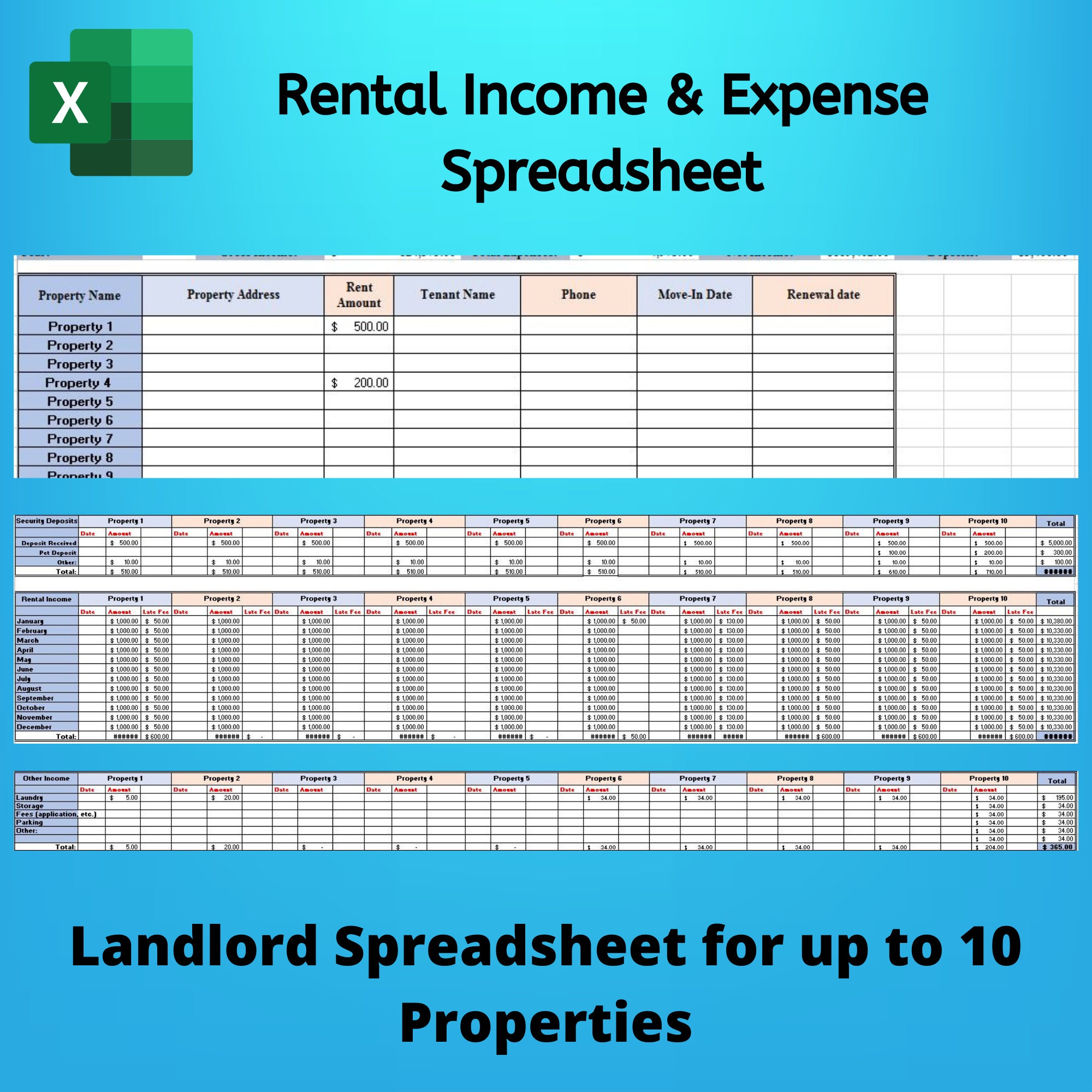 Rental Property and Expense Tracker, Landlords Excel Spreadsheet Rental Property and Expense Tracker, Landlords Excel Spreadsheet