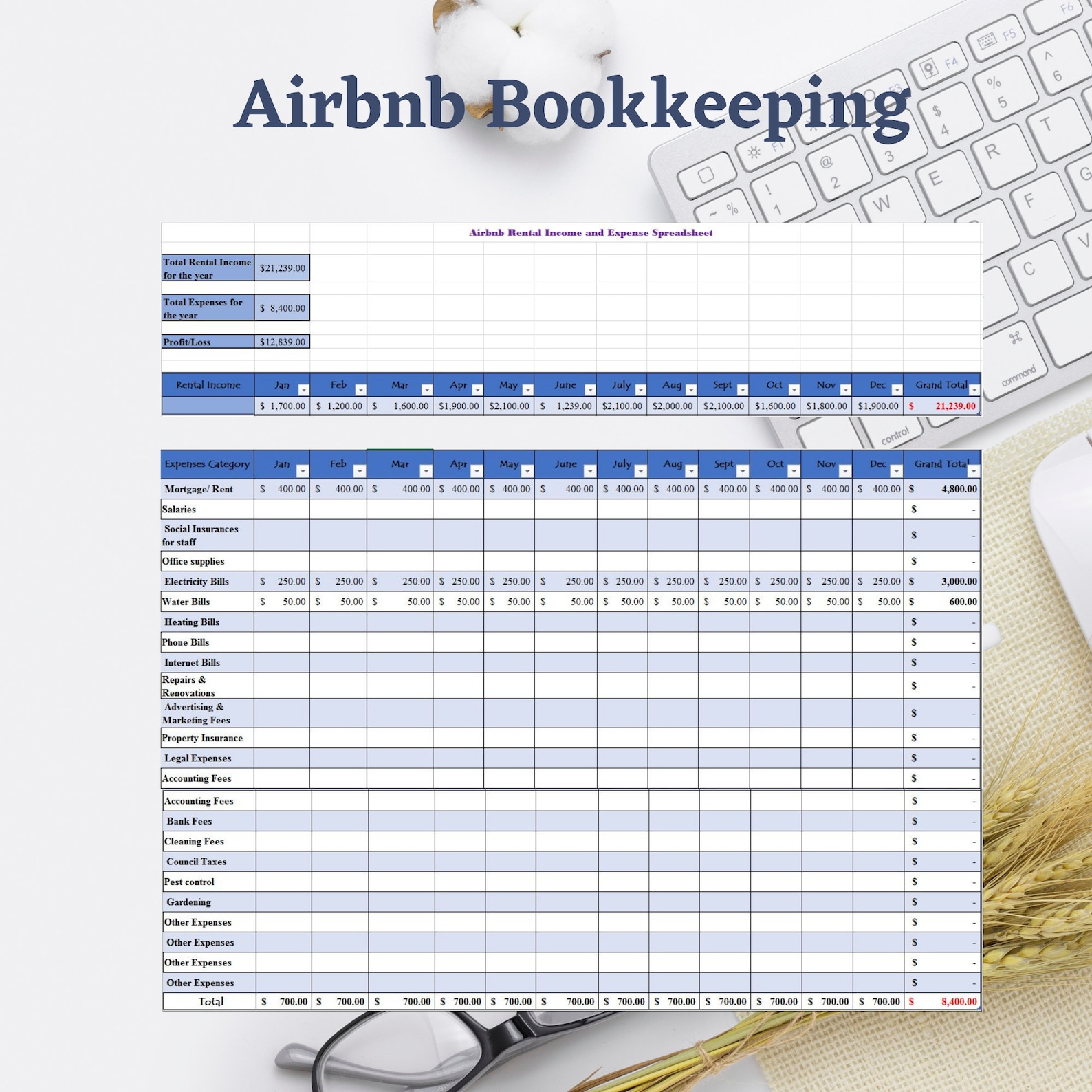 Airbnb Rental Property Spreadsheet for up to 6 Properties USD, Rental