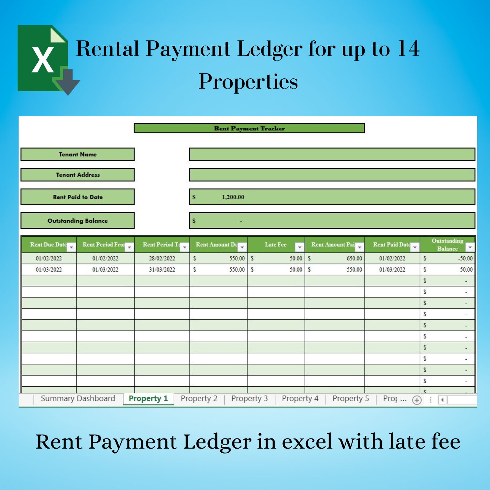 Rental Payment Ledger for 14 Properies in Dollars, Landlord Rent Ledger