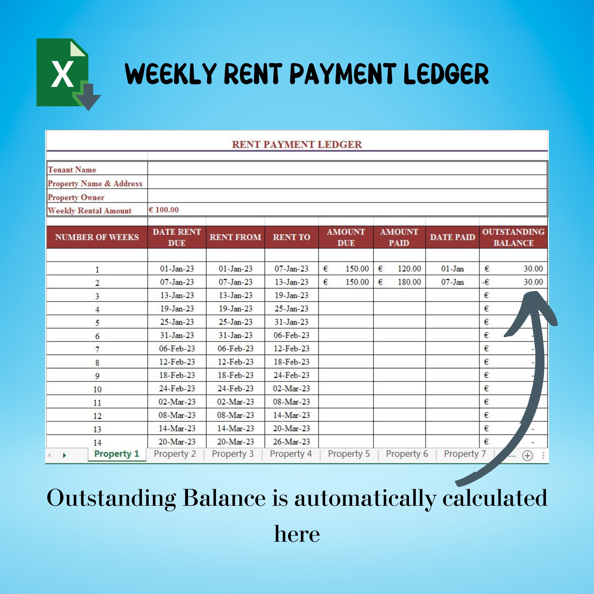 Weekly Rent Ledger for 10 Properties in EUR, Landlord Rent Ledger, Rent ...