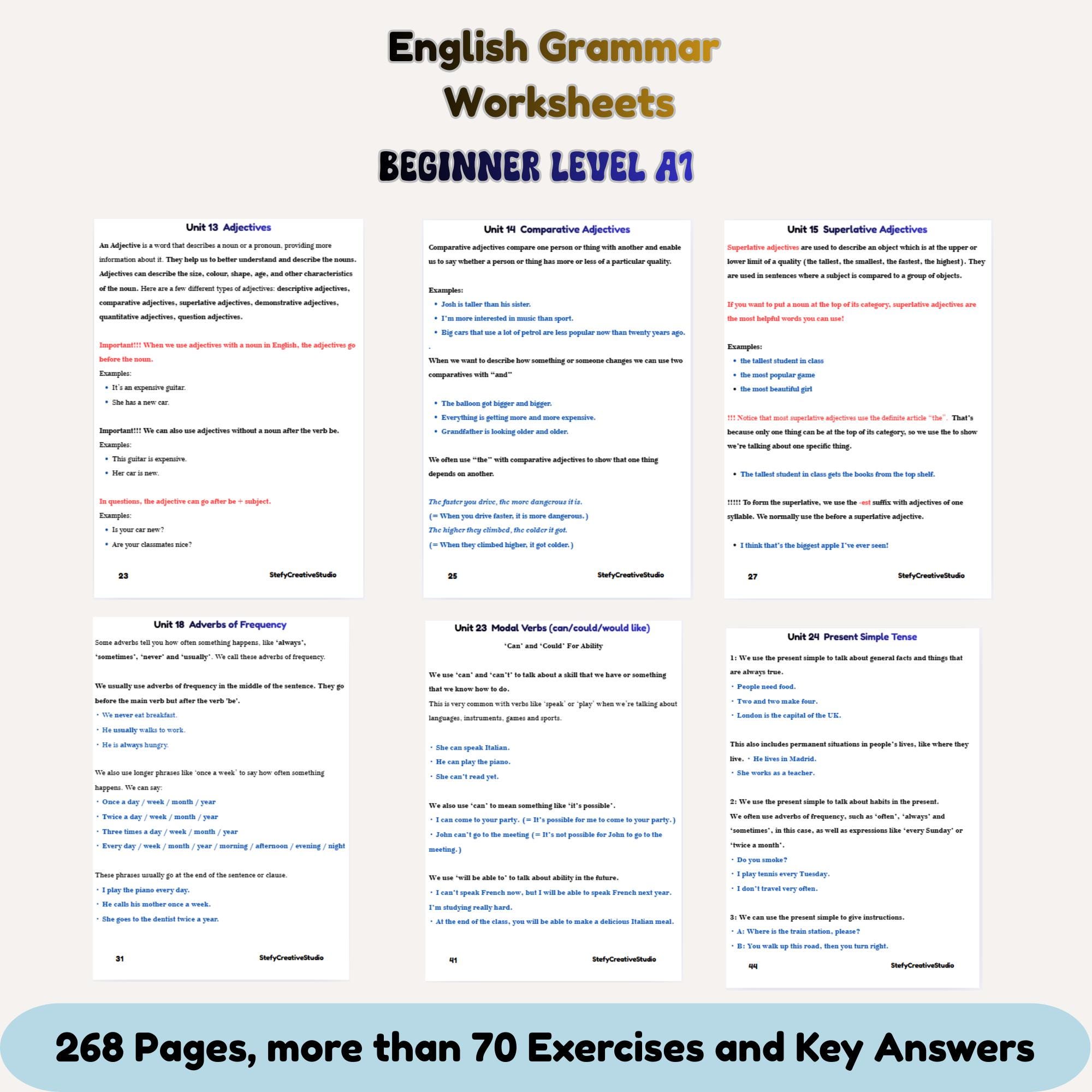English Grammar Worksheet Bundle Level A1, English Grammar Workbook for ...